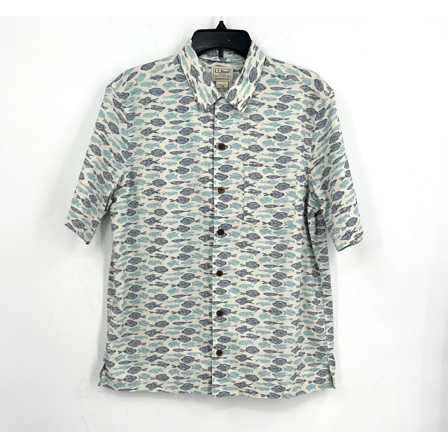 L.L. BEAN Mens Short-Sleeve Tropics Print Shirt Small White Blue Cotton NWT