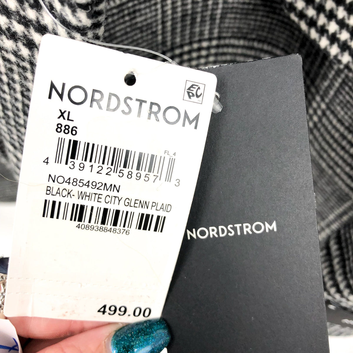 NORDSTROM Men's Glen Wool Blend Topcoat XL Black White Plaid XL NWT