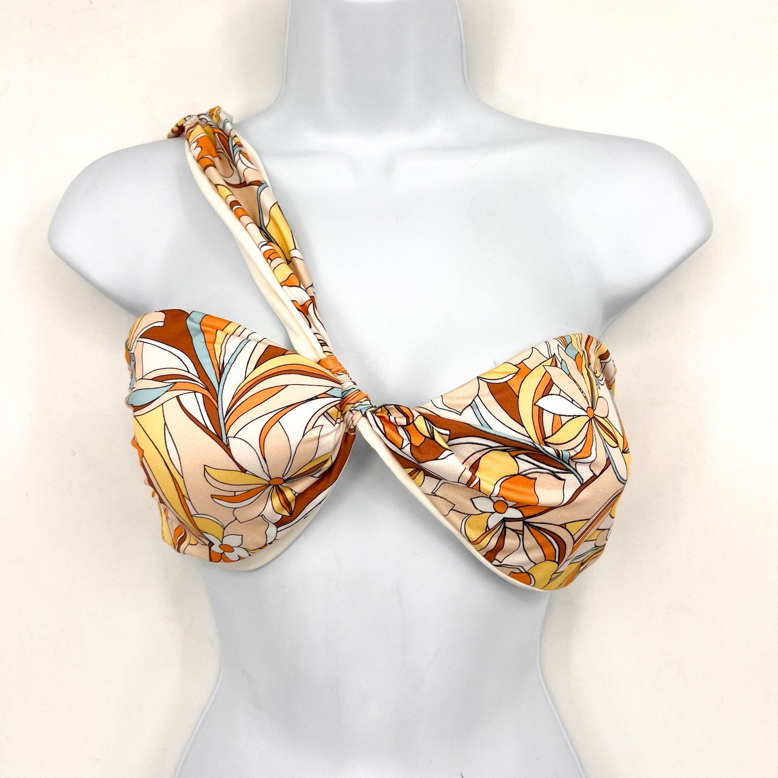 L*Space Womens Mick Bikini Top XL Yellow Mod Print Floral One Shoulder NWOT