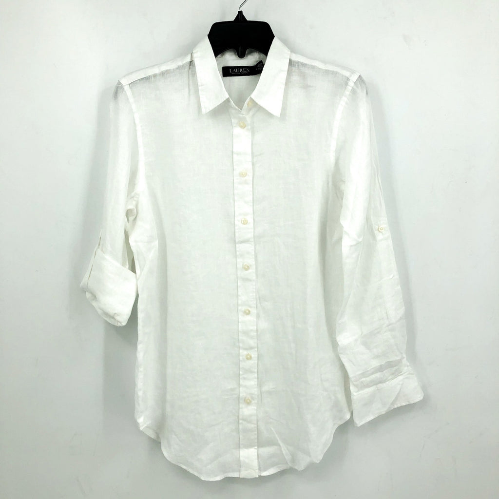 LAUREN RALPH LAUREN Womens Linen Shirt Medium White Roll Tab Sleeve NWT
