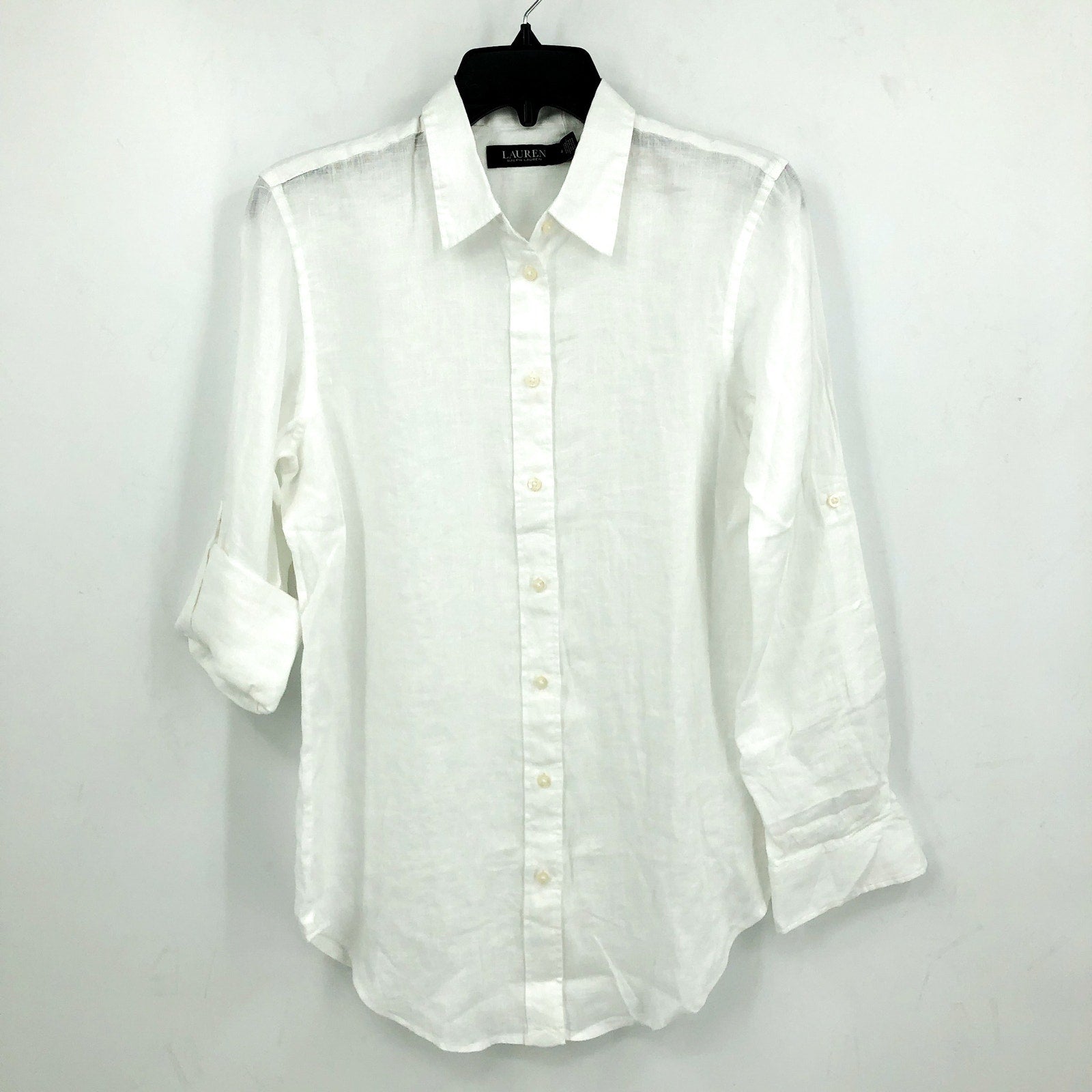 LAUREN RALPH LAUREN Womens Linen Shirt Medium White Roll Tab Sleeve NWT