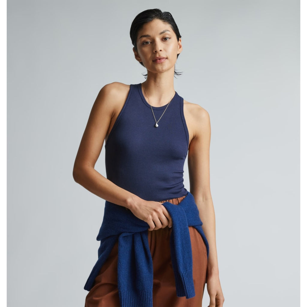 EVERLANE Women's The Luxe Rib Racerback Tank Medium Navy Blue Supima Cotton NWT