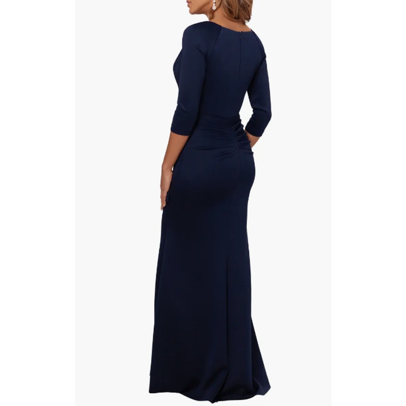 XSCAPE Women's Ruched Scuba Ruffle Gown Size 8 Midnight Blue 3/4 Sleeves NWT