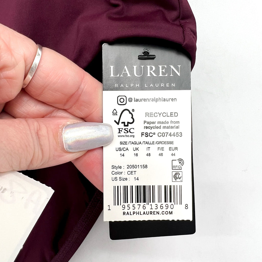 LAUREN RALPH LAUREN Women Banded High Waist Bikini Bottom Size 14 Red Claret NWT