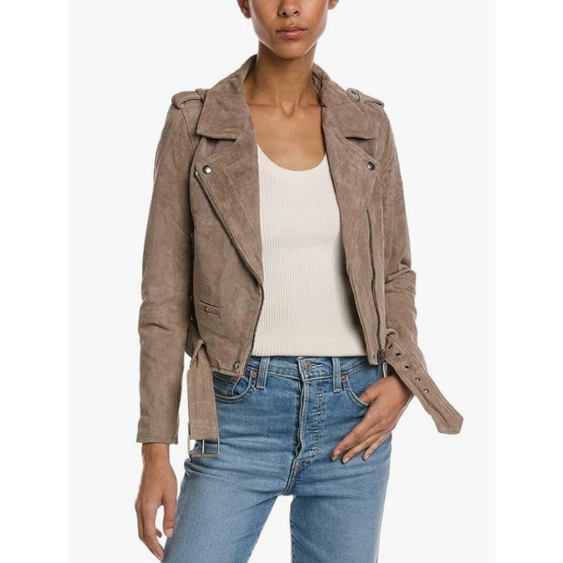 BLANKNYC Women's Cropped French Motorcycle Jacket Small Brown Taupe Leather NWT