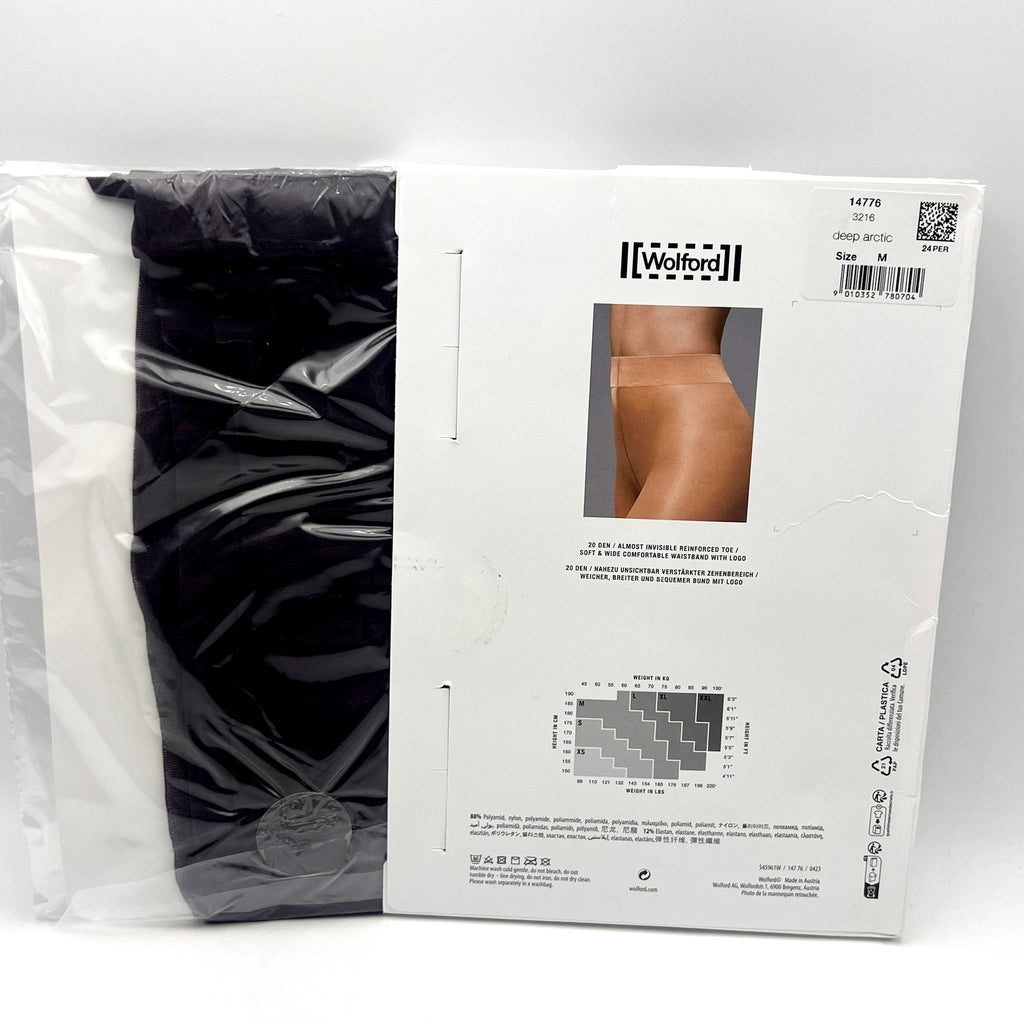 WOLFORD Women's Satin Touch 20 Tights Medium Deep Arctic Black Shimmering NWT