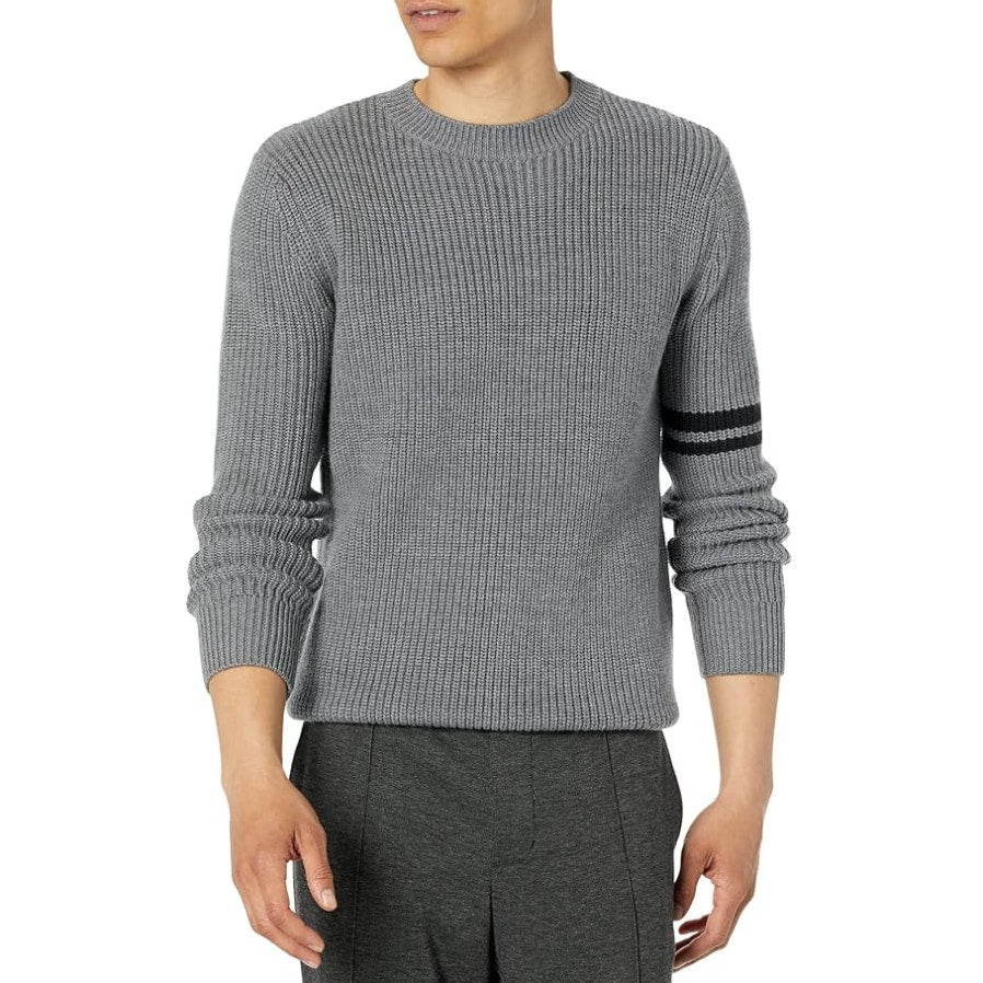 LABEL Mens Go-To Sweater Medium Light Grey Black Knit Crewneck MERINO WOOL  NWT