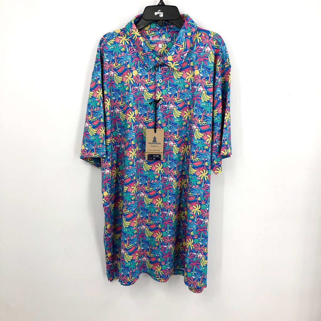 CHUBBIES Mens Performance Polo Shirt XXL Blue Tropical Bunch Short Sleeve NWT