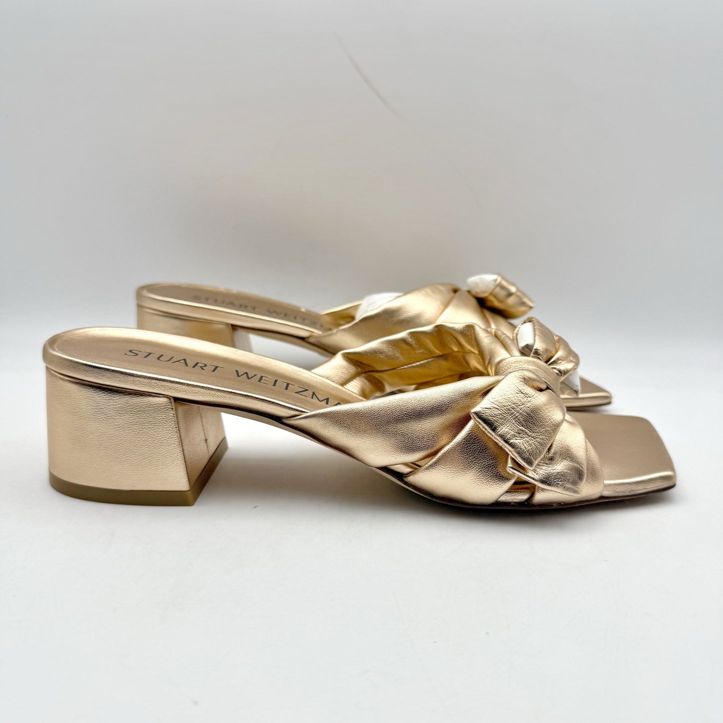 Stuart Weitzman Womens Sofia 45 Slide High Heels US 8.5 M Gold Leather Bow NIB