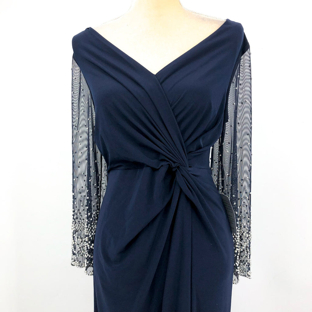 ALEX EVEININGS Embellished Illusion Dress Size 12 Dark Navy Blue Jersey NWT