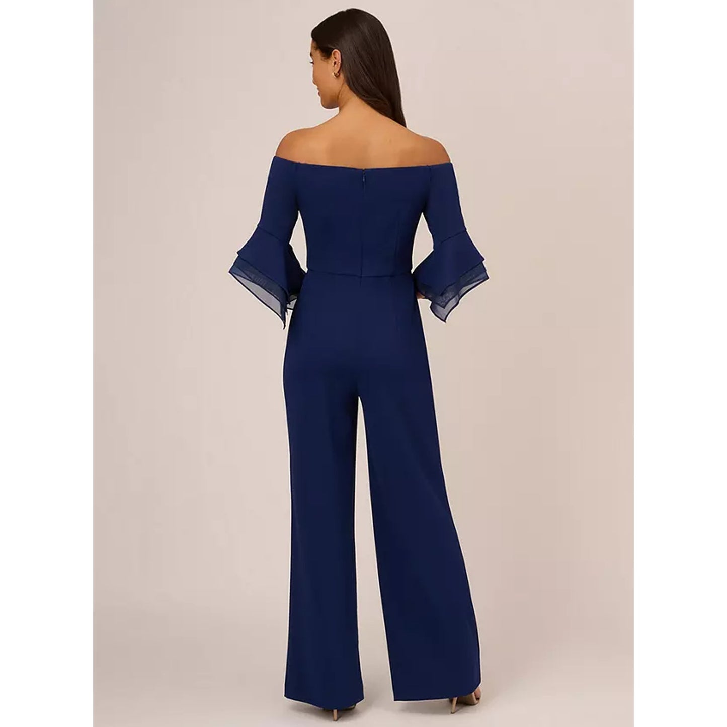 ADRIANNA PAPELL Organza Crepe Jumpsuit Size 14 Navy Blue Satin Off Shoulder NWT