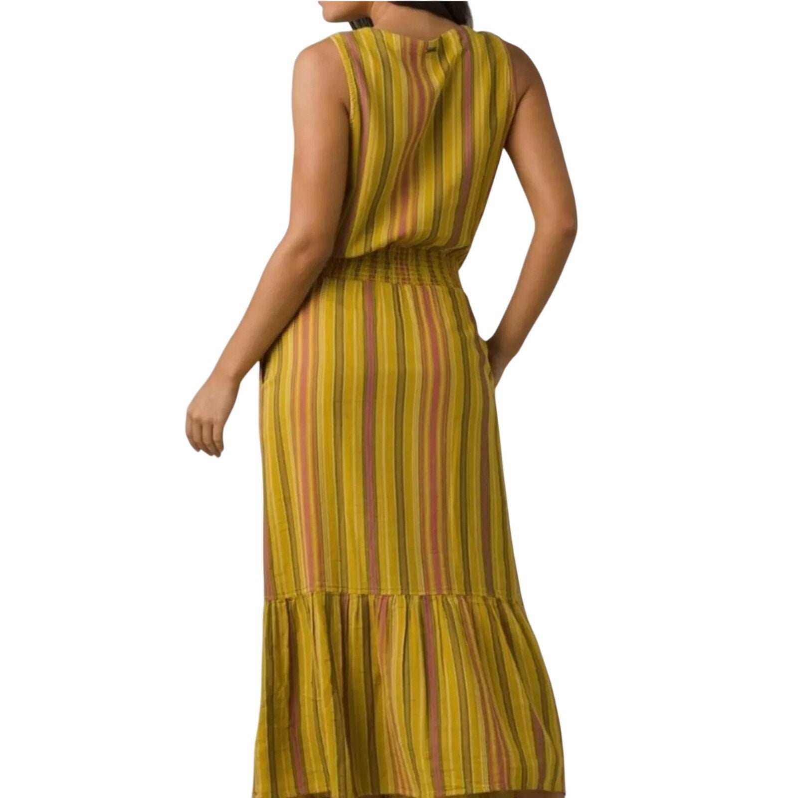PRANA California Dreaming Midi Dress XL Yellow Stripe Sleeveless Cotton NWT