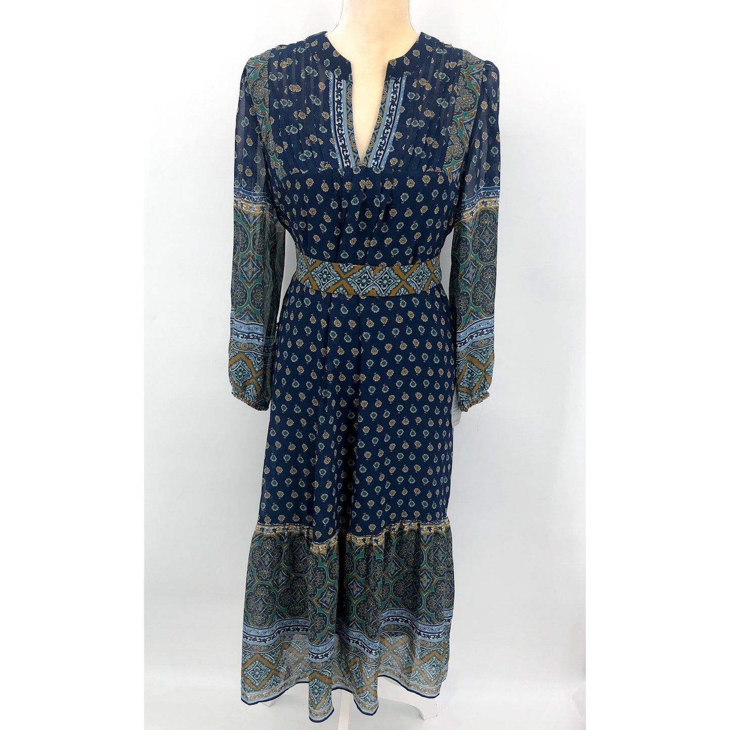 JULIA JORDAN Women's Boho Midi Dress Size 12 Navy Blue Mixed Paisley NWT