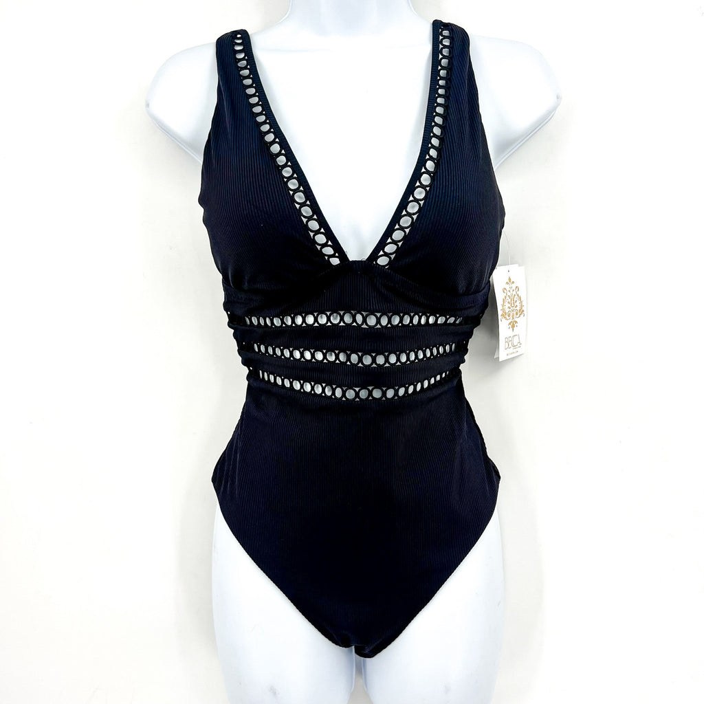 BECCA Women's Toni Plunge One Piece Swimsuit Medium Black Modern Edge Rib NWT