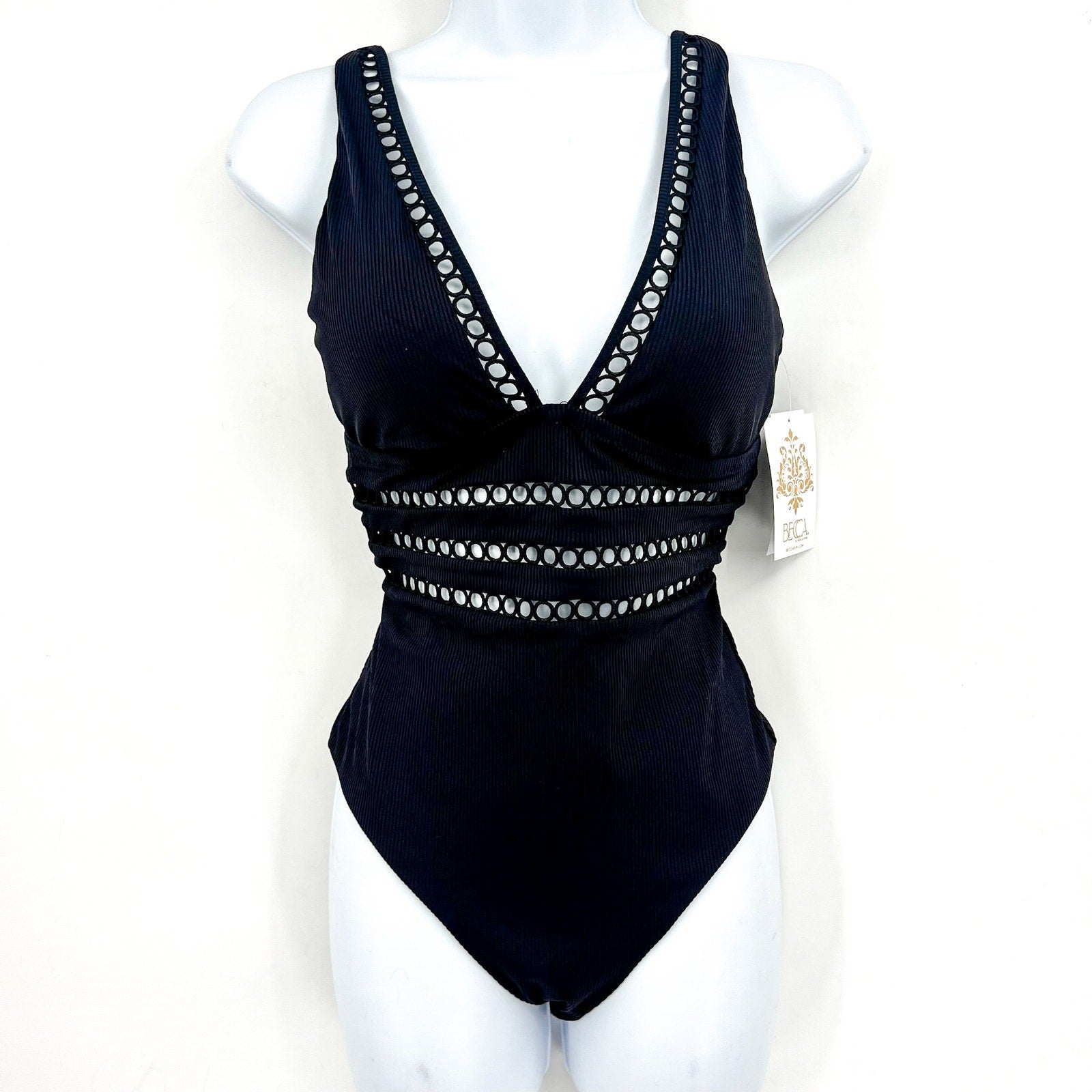 BECCA Women's Toni Plunge One Piece Swimsuit Medium Black Modern Edge Rib NWT