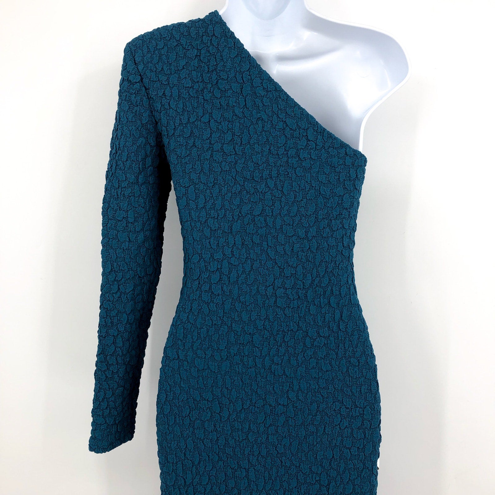 BARDOT Women's Crinkle One Shoulder Long Dress US 4 Teal Blue Long Sleeve NWT