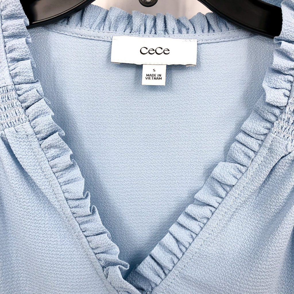 CECE Women's Ruffled Popover Blouse Small Blue Air V Neck 3/4-Sleeve NWT