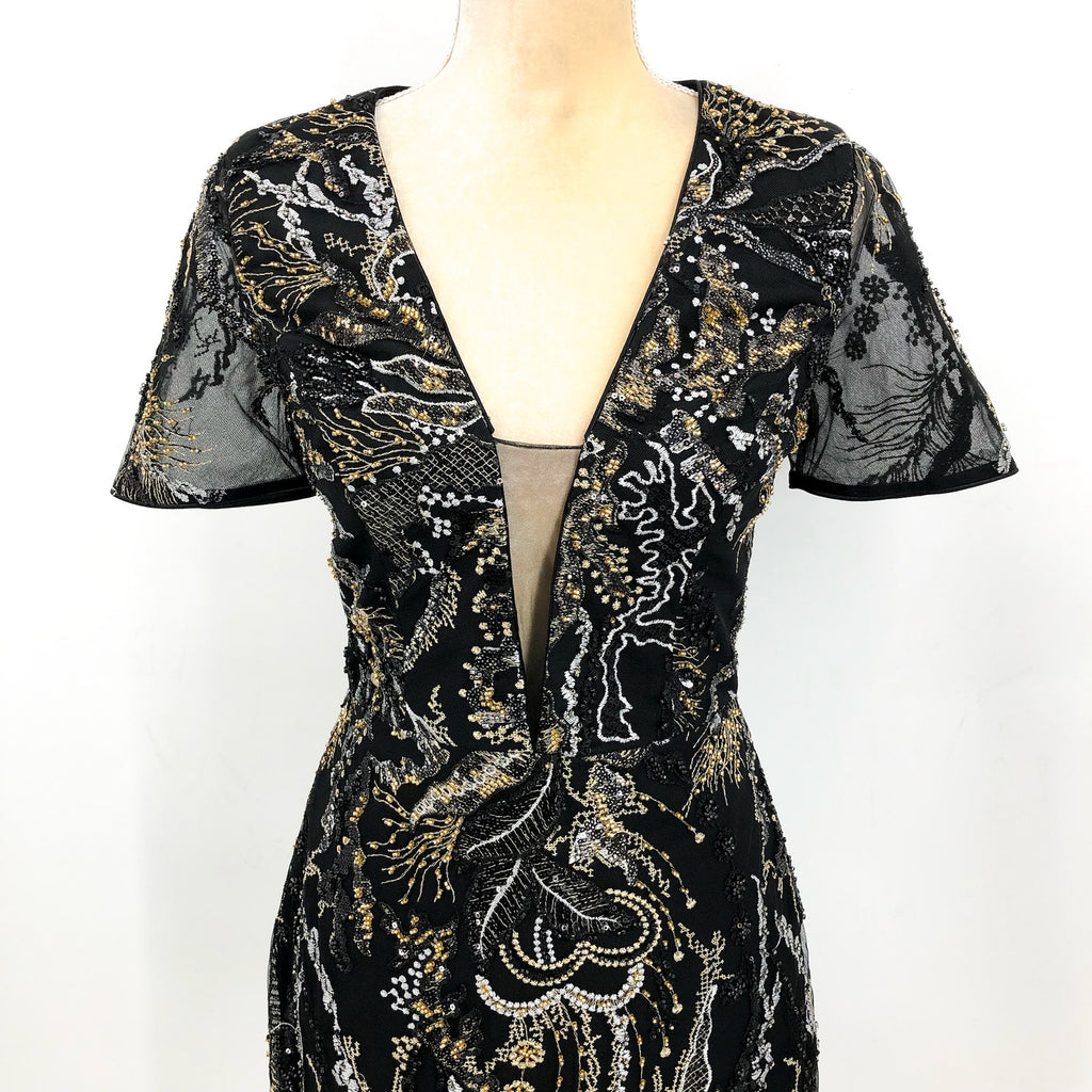 DRESS THE POPULATION Sequin Mini Dress Small Black Gold Sheer Sleeves NWOT