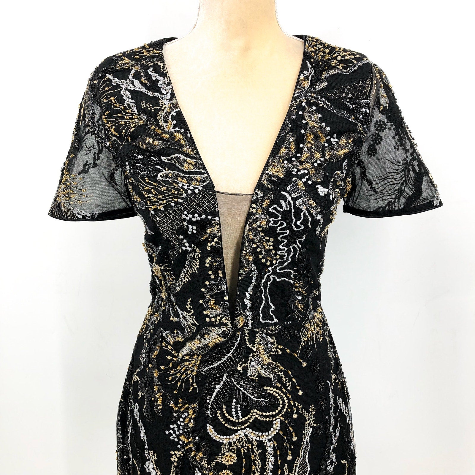 DRESS THE POPULATION Sequin Mini Dress Small Black Gold Sheer Sleeves NWOT