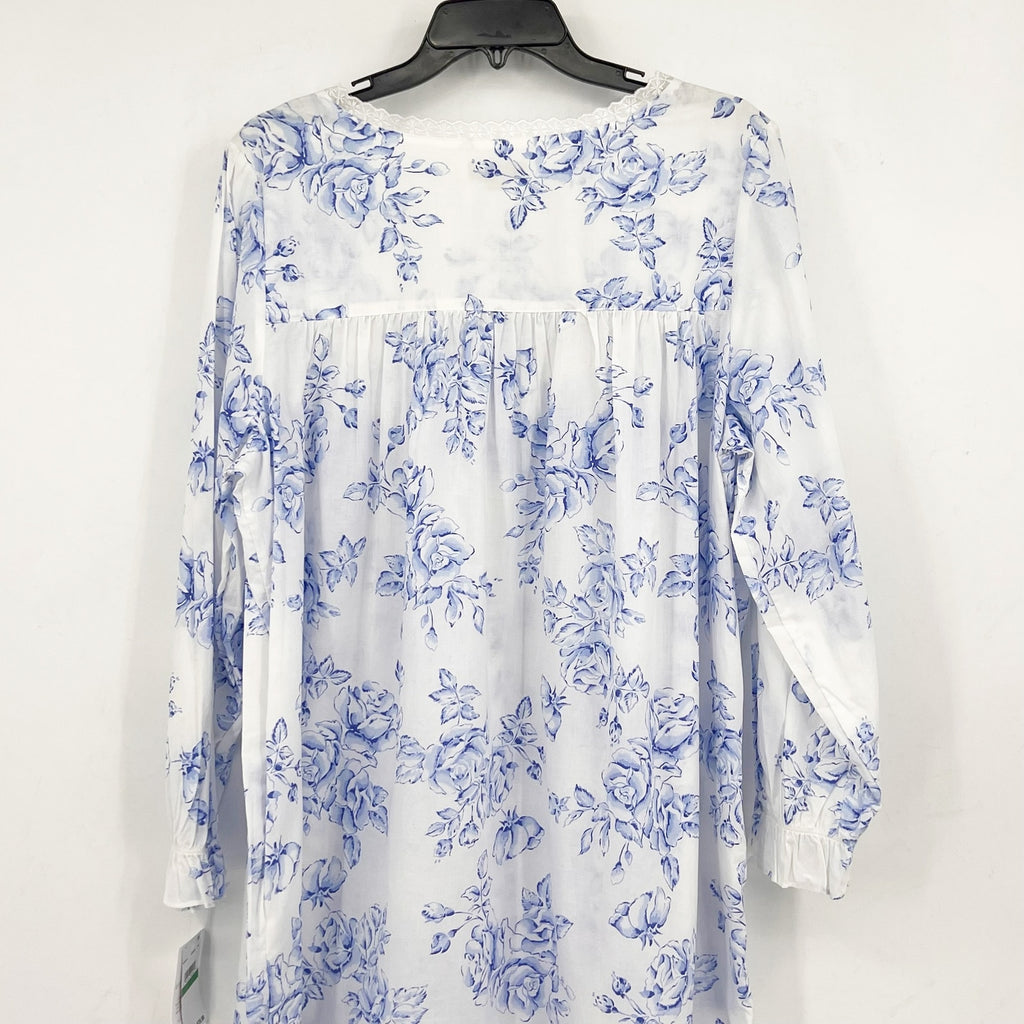 EILEEN WEST Short Nightgown Large Blue White Floral Long Sleeve Cotton Knit NWT