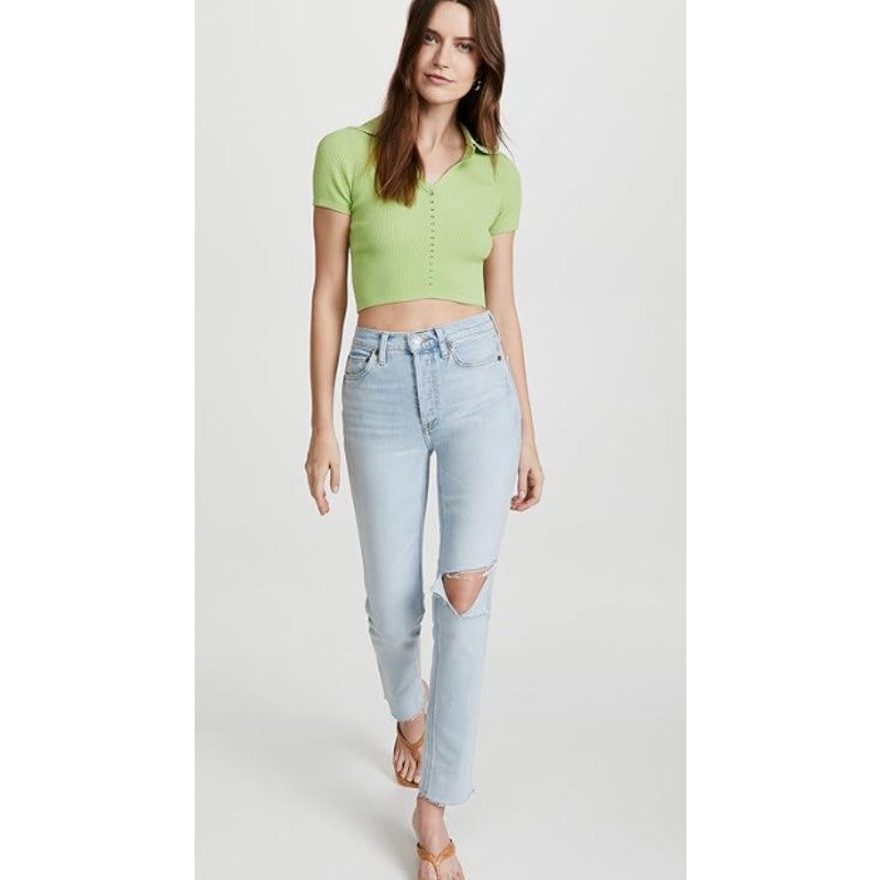 RE/DONE Womens 80s Slim Straight Jeans Size 26 US 2 Icy Blue Hole Button Fly NWT