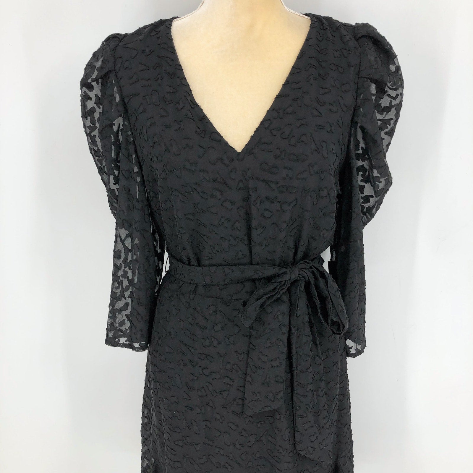 KARL LAGERFELD Womens Burnout Logo Print Dress Size 6 Black V-Neck Tie Waist NWT
