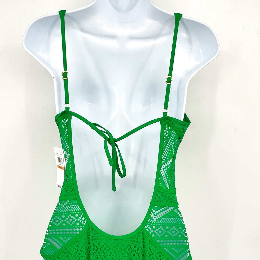 BECCA Women's Crochet Plunge One Piece Swimsuit XS Emerald Green Color Play NWT