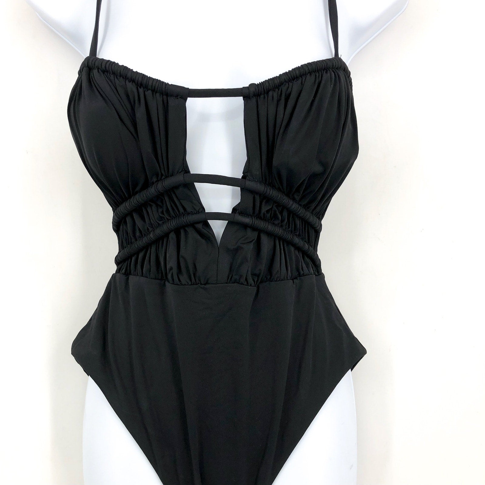 BECCA Women's Color Code Sarai One Piece Swimsuit Large Black Plunge Cutout NWT
