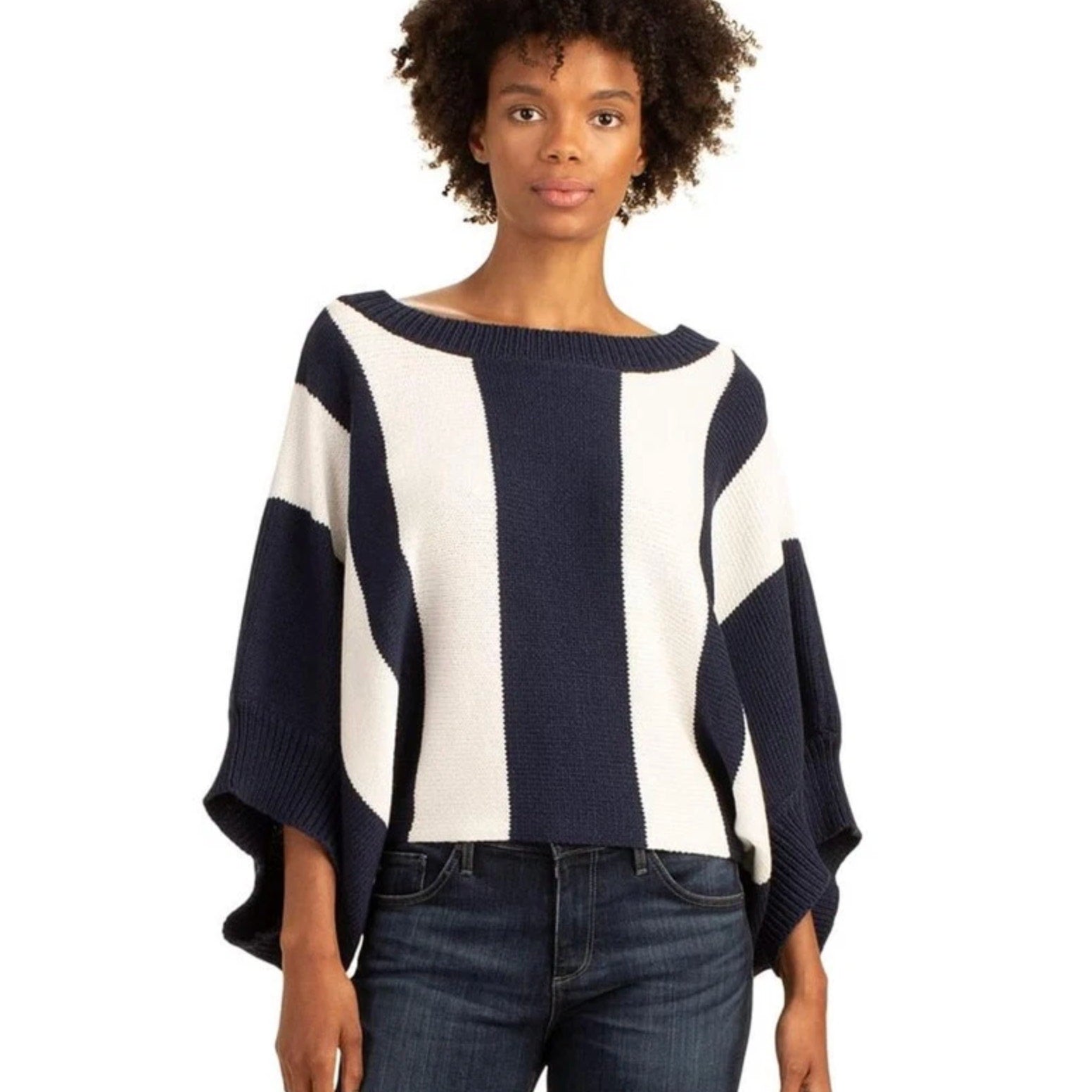 TRINA TURK Women's Horizon Striped Sweater Medium Navy White Boatneck NWT