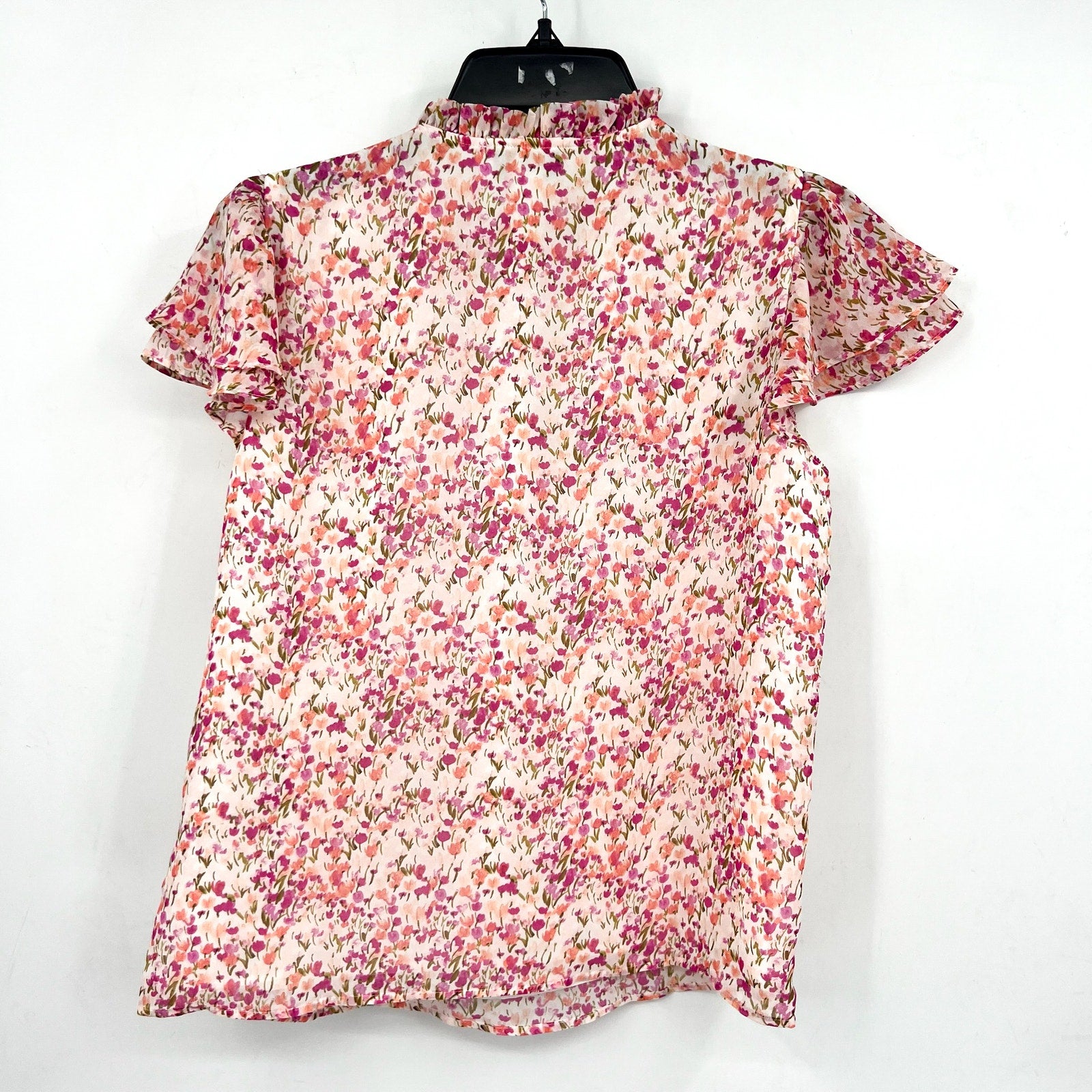 CECE Women's Ruffled Blouse XS Pink Floral Keyhole-Neck Flutter-Sleeve NWT