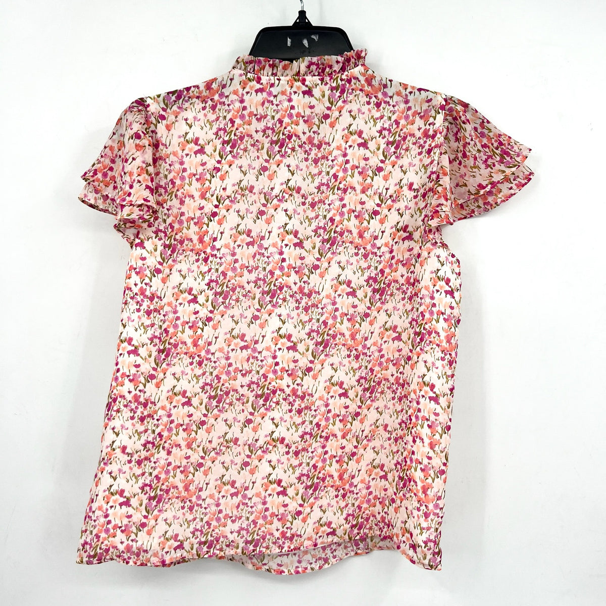 CECE Women's Ruffled Blouse XS Pink Floral Keyhole-Neck Flutter-Sleeve NWT