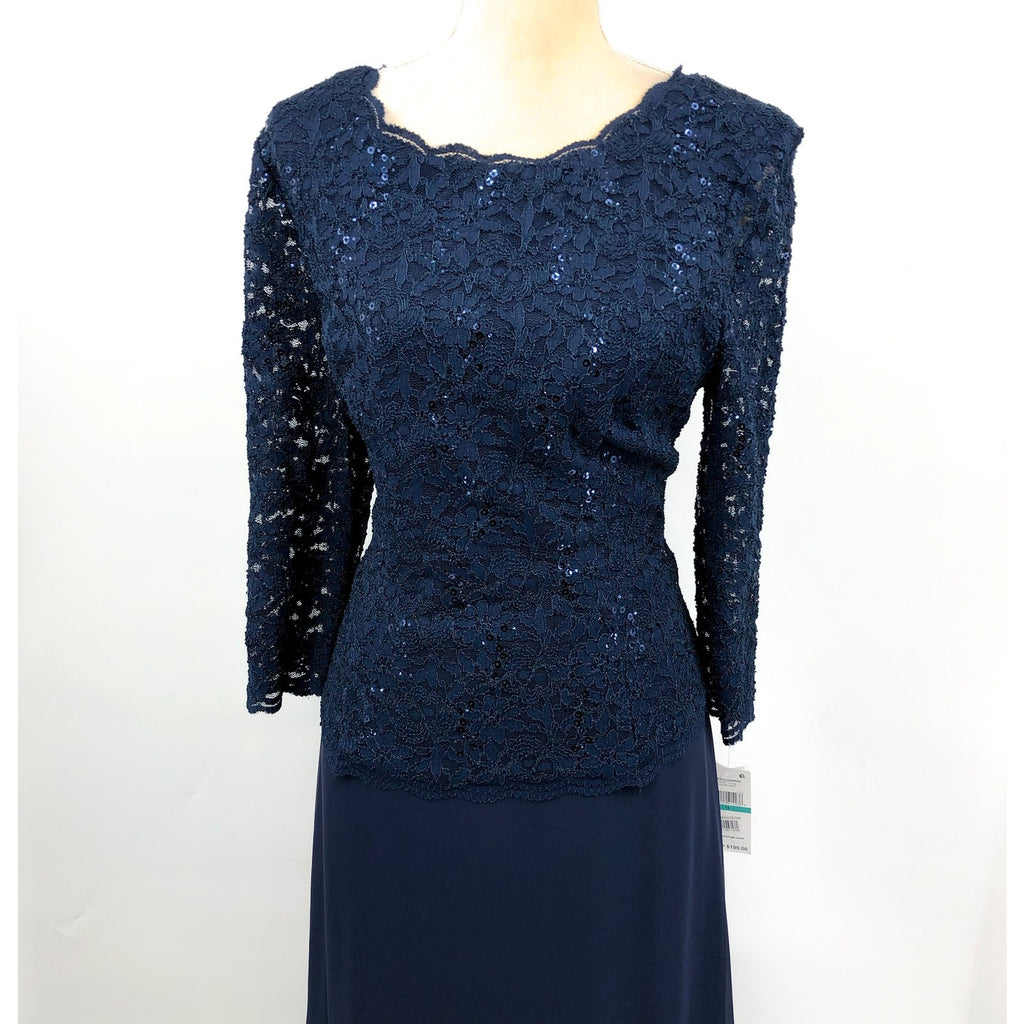 ALEX EVENINGS Sequin Lace Mock Dress Size 16 Navy Chiffon Skirt Sleeves NWT