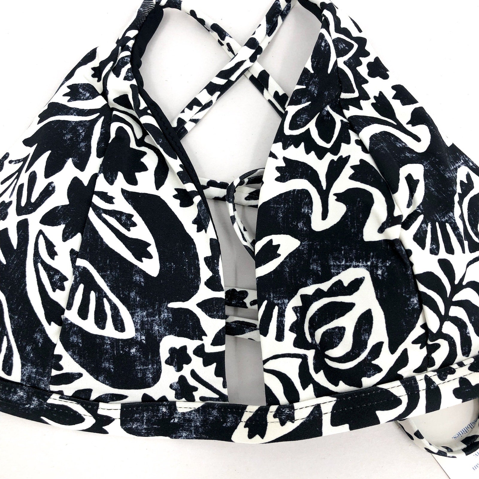 PRANA Women's Sunkissed Triangle Bikini Top XS Black Flora Fauna Cross Back NWT
