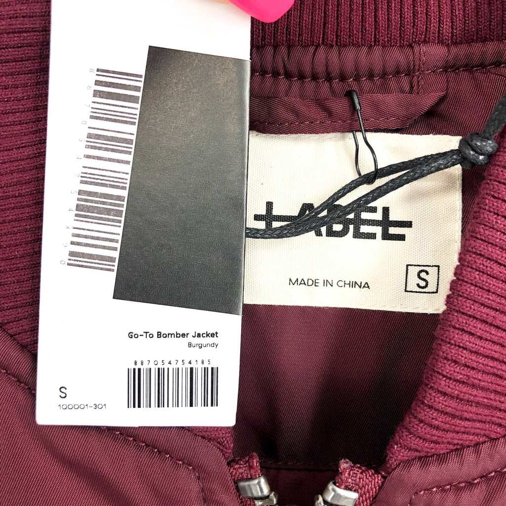 LABEL Unisex Go-To Bomber Jacket Size Small Burgundy Full Zip Ribbed Collar NWT
