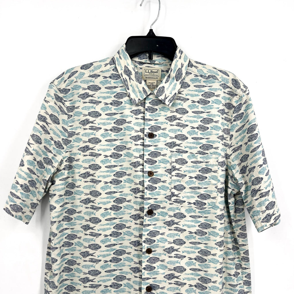 L.L. BEAN Mens Short-Sleeve Tropics Print Shirt Small White Blue Cotton NWT
