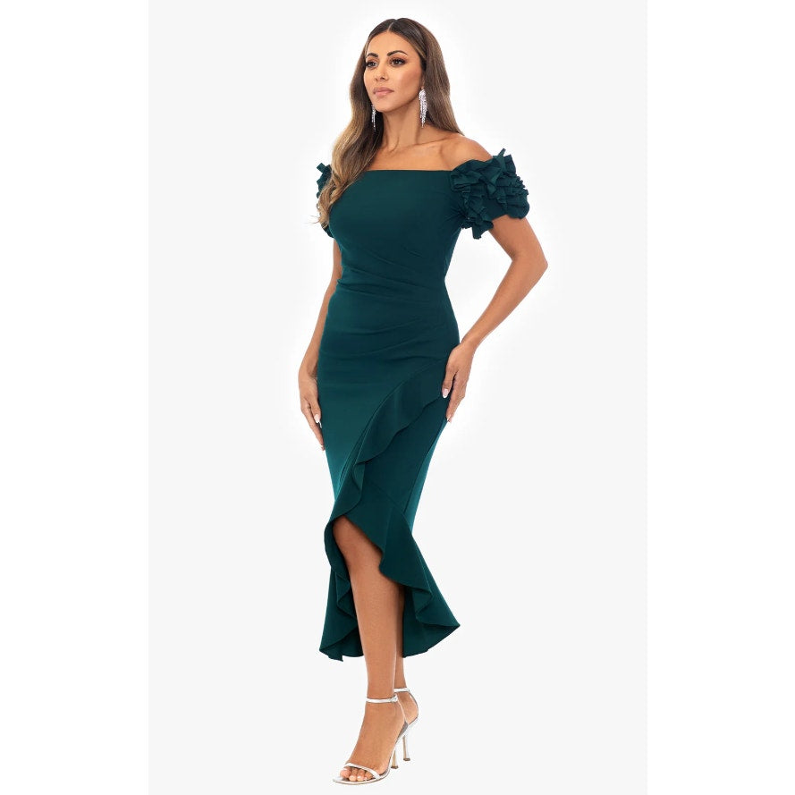 XSCAPE Women's Scuba Crepe Ruffle Midi Dress Size 6 Green Off the Shoulder NWT