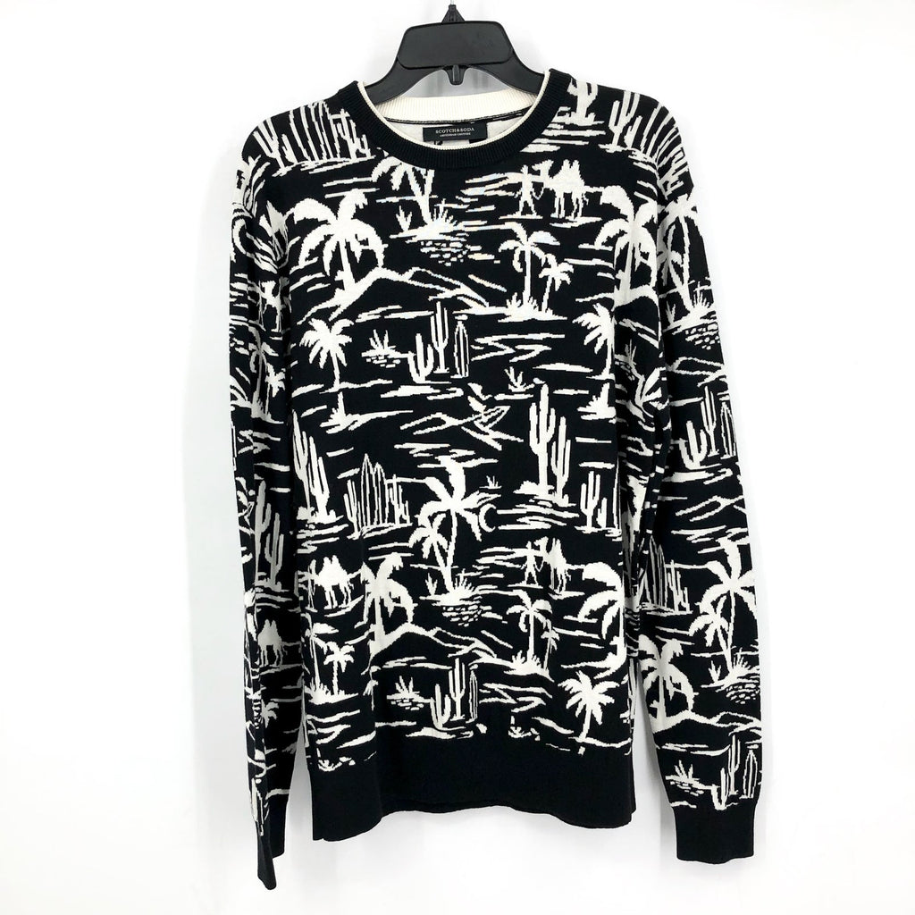 SCOTCH & SODA Mens Pullover Woven Sweatshirt XL Black White Palm Print NWT