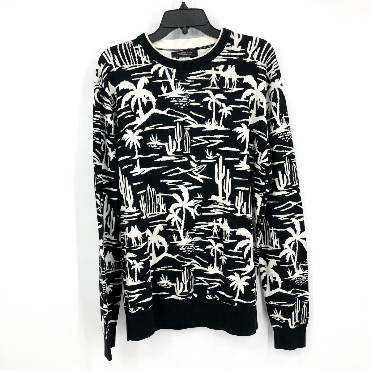 SCOTCH & SODA Mens Pullover Woven Sweatshirt XL Black White Palm Print NWT
