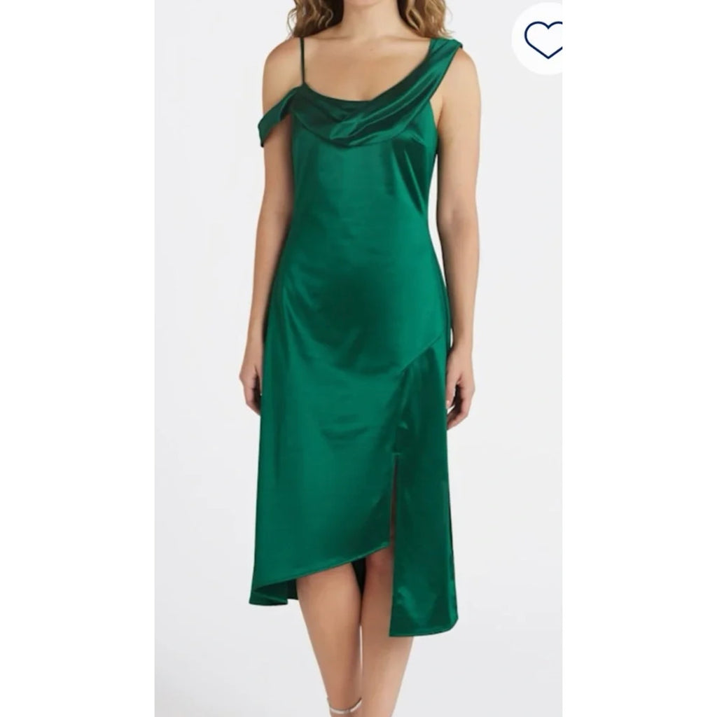 THE GENERAL GOOD Womens Off-Shoulder Satin Midi Dress Medium Forest Green NWOT