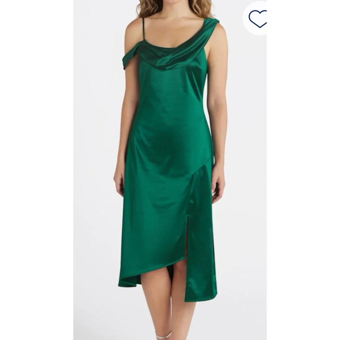 THE GENERAL GOOD Womens Off-Shoulder Satin Midi Dress Medium Forest Green NWOT