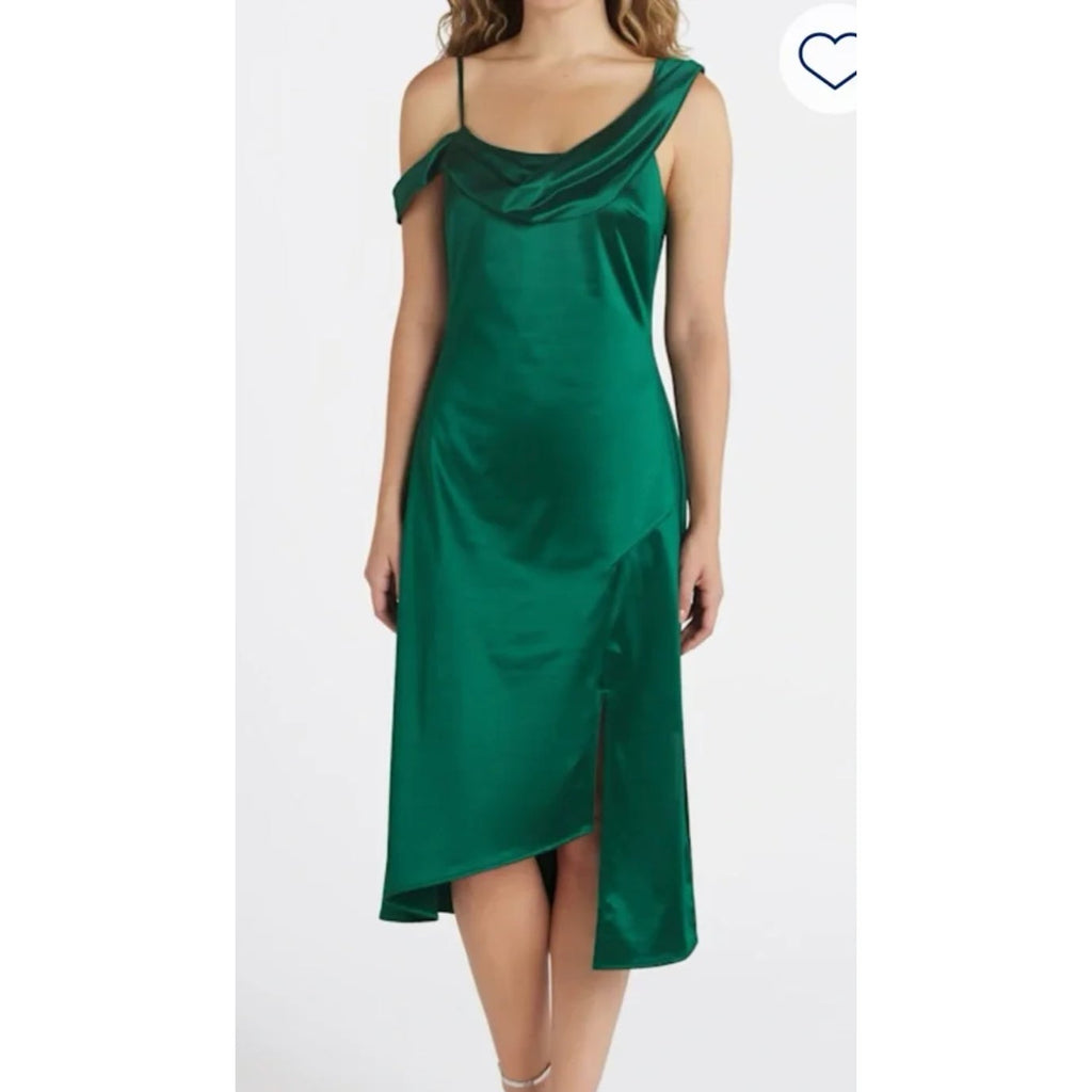 THE GENERAL GOOD Womens Off-Shoulder Satin Midi Dress Medium Forest Green NWOT