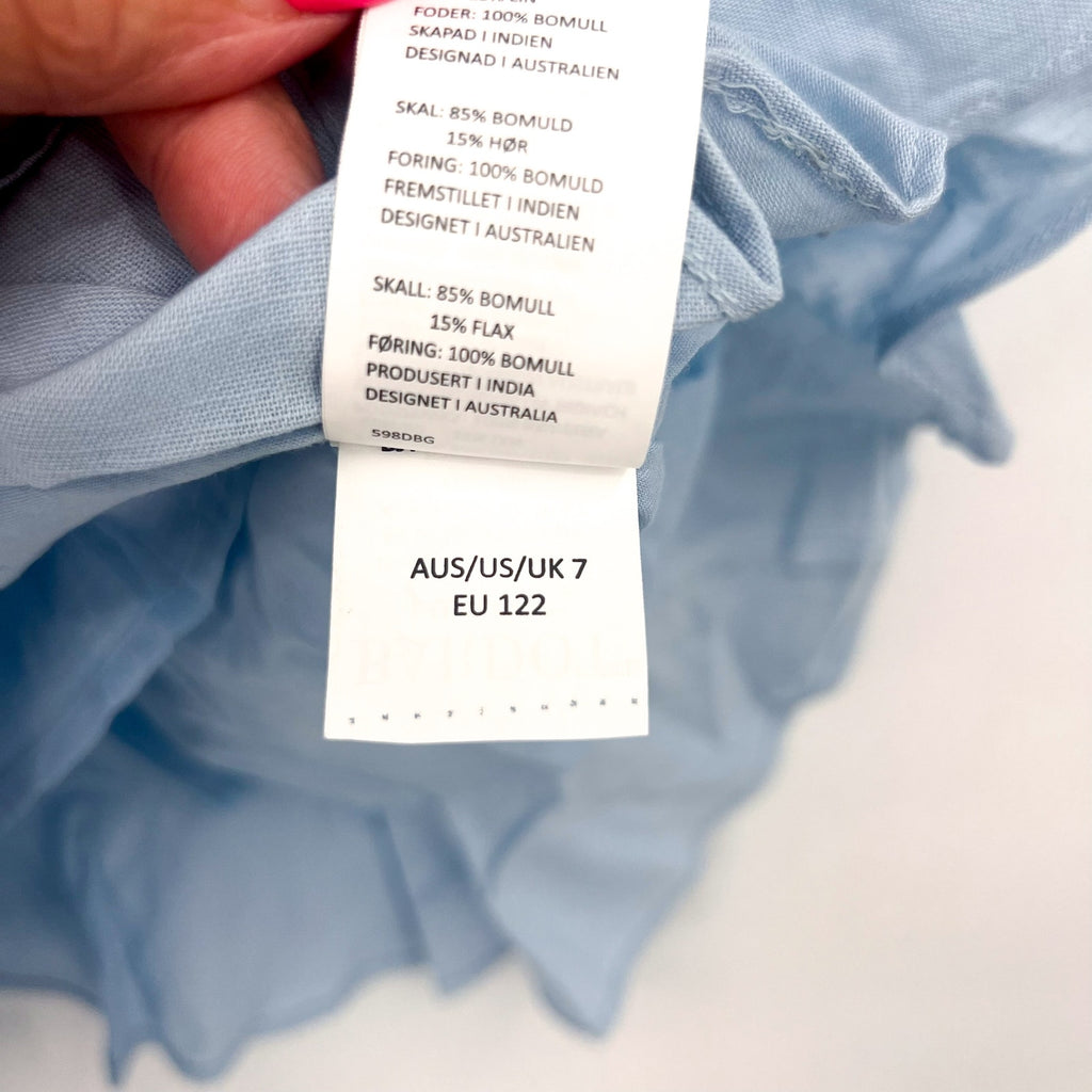 BARDOT JUNIOR Girl's Sky Mini Dress Size 7 Sky Blue Short Cotton Flax NWT