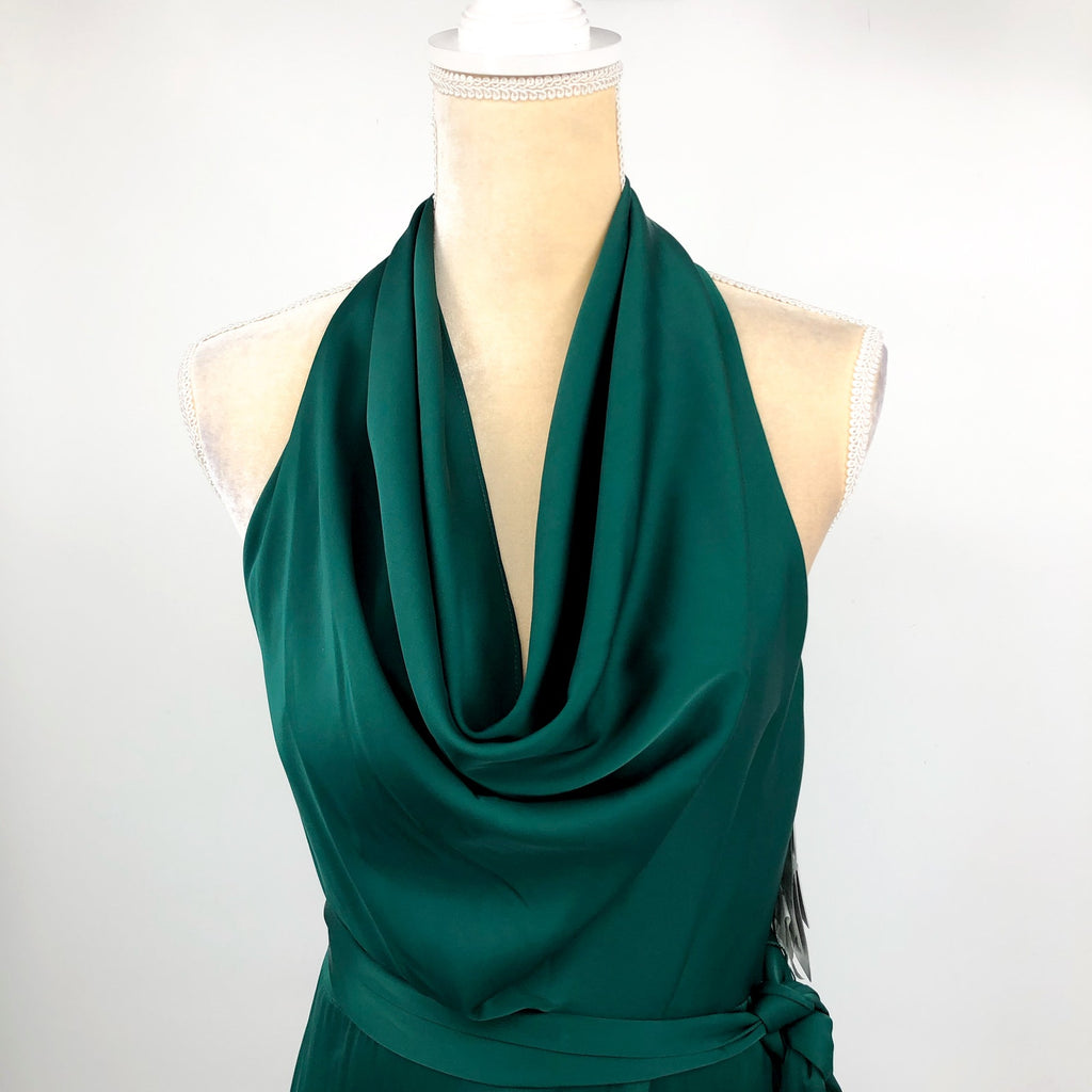 LIV FOSTER Satin Cowl Neckline Column Gown Size 10 Green Tie Waist NWT