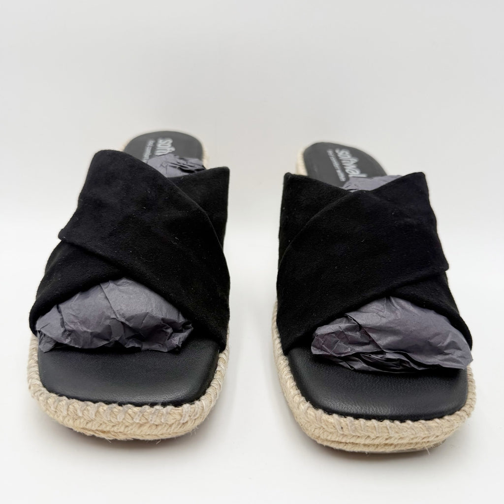 Softwalk Womens Hastings Wedge Sandals Size 7 WIDE Black Suede NIB