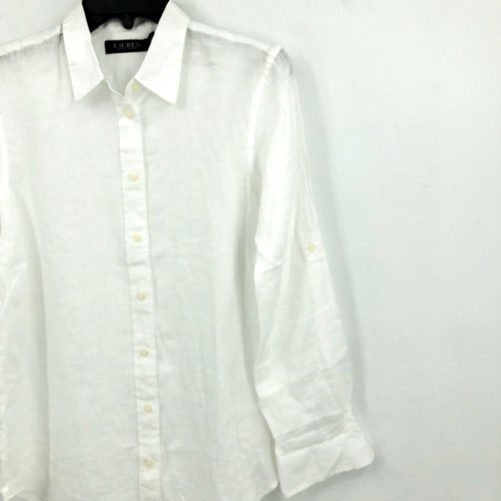 LAUREN RALPH LAUREN Womens Linen Shirt Medium White Roll Tab Sleeve NWT