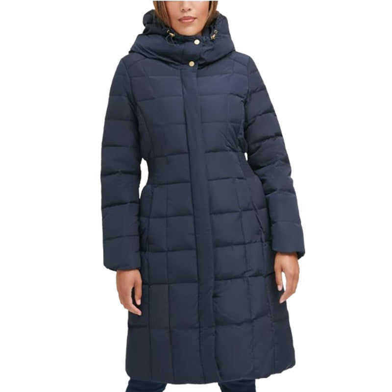 COLE HAAN Women’s Box Quilt Down Puffer Coat XS Navy Blue Hooded NWT