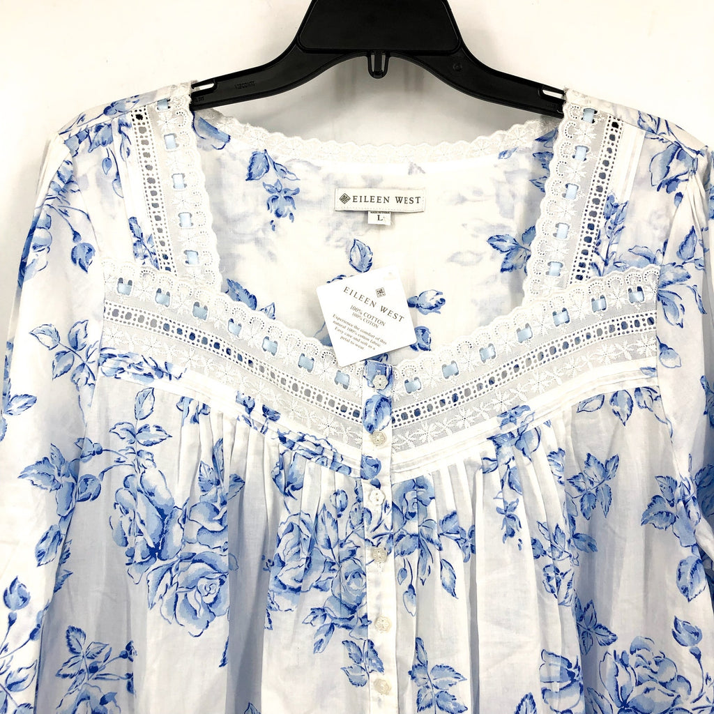 EILEEN WEST Short Nightgown Large Blue White Floral Long Sleeve Cotton Knit NWT
