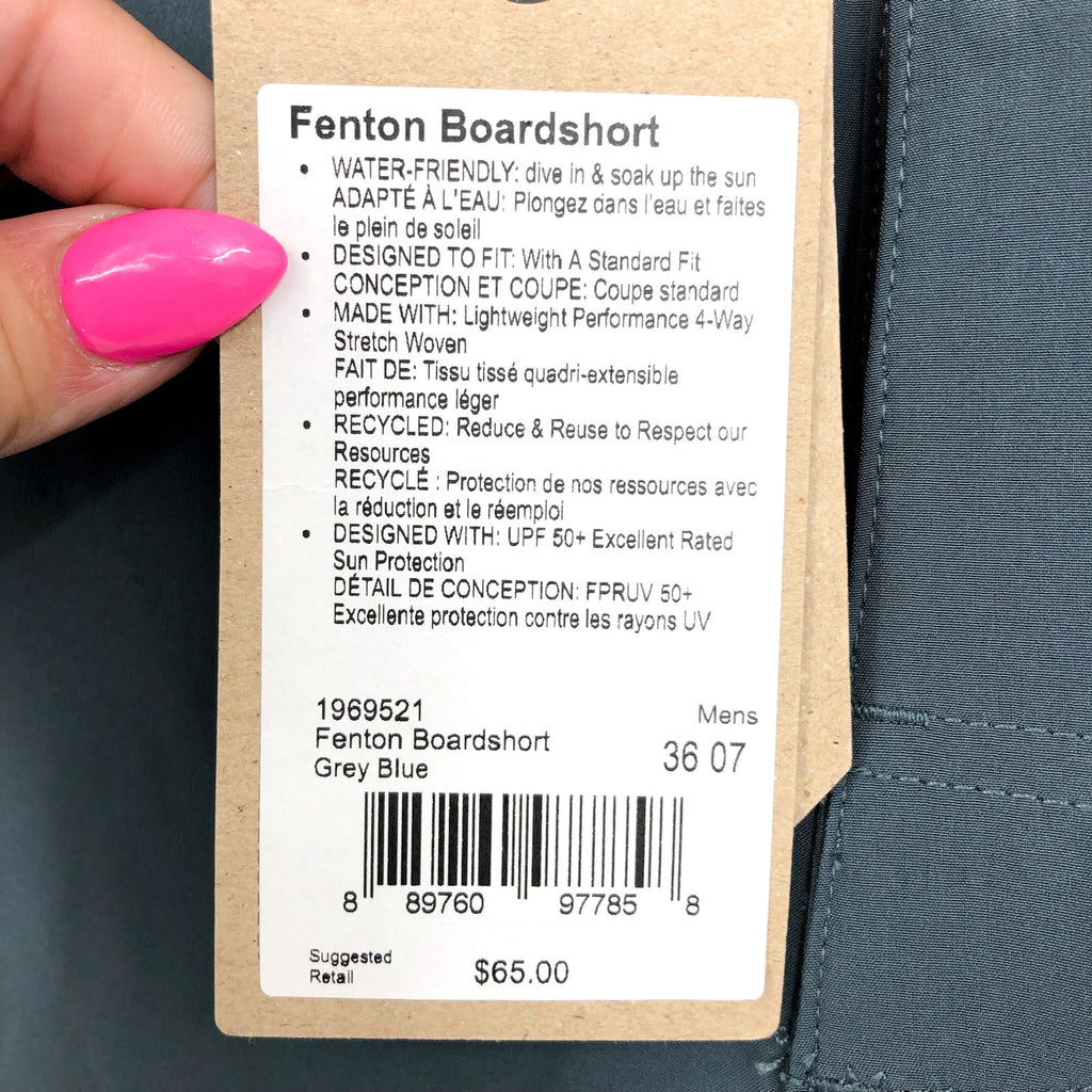 PRANA Men's Fenton Board Shorts Size 36 Grey Blue 7" Inseam Drawcord Swim NWT