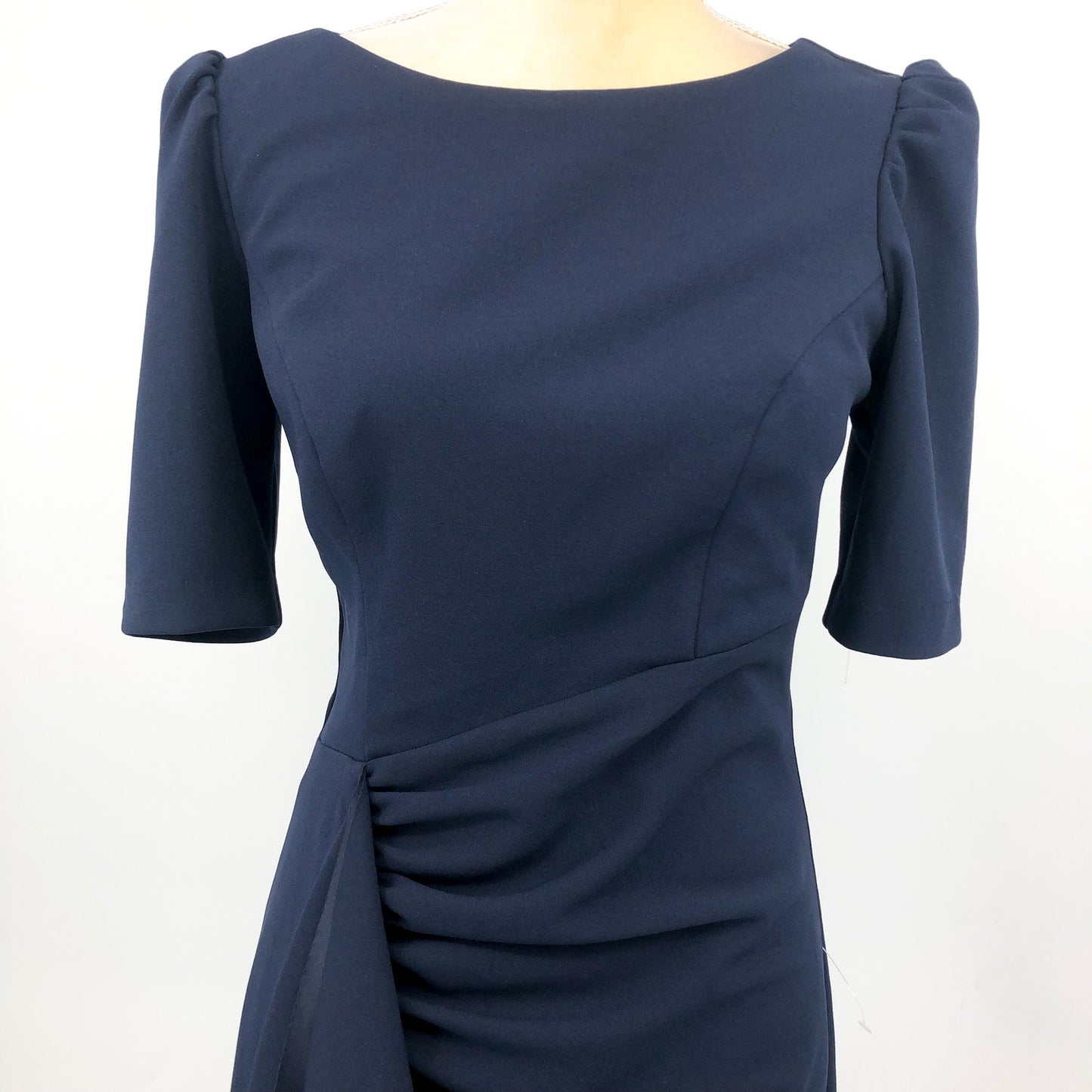 XSCAPE Women's Scuba Crepe Ruffle Gown Size 8 Navy Blue Short Sleeve Dress NWOT