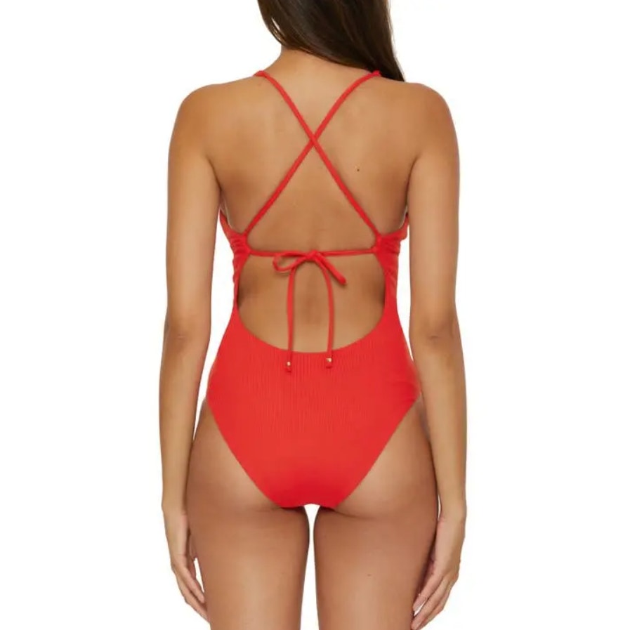 BECCA Women's Modern Edge One Piece Swimsuit Large Fire Red Plunge Neck NWT